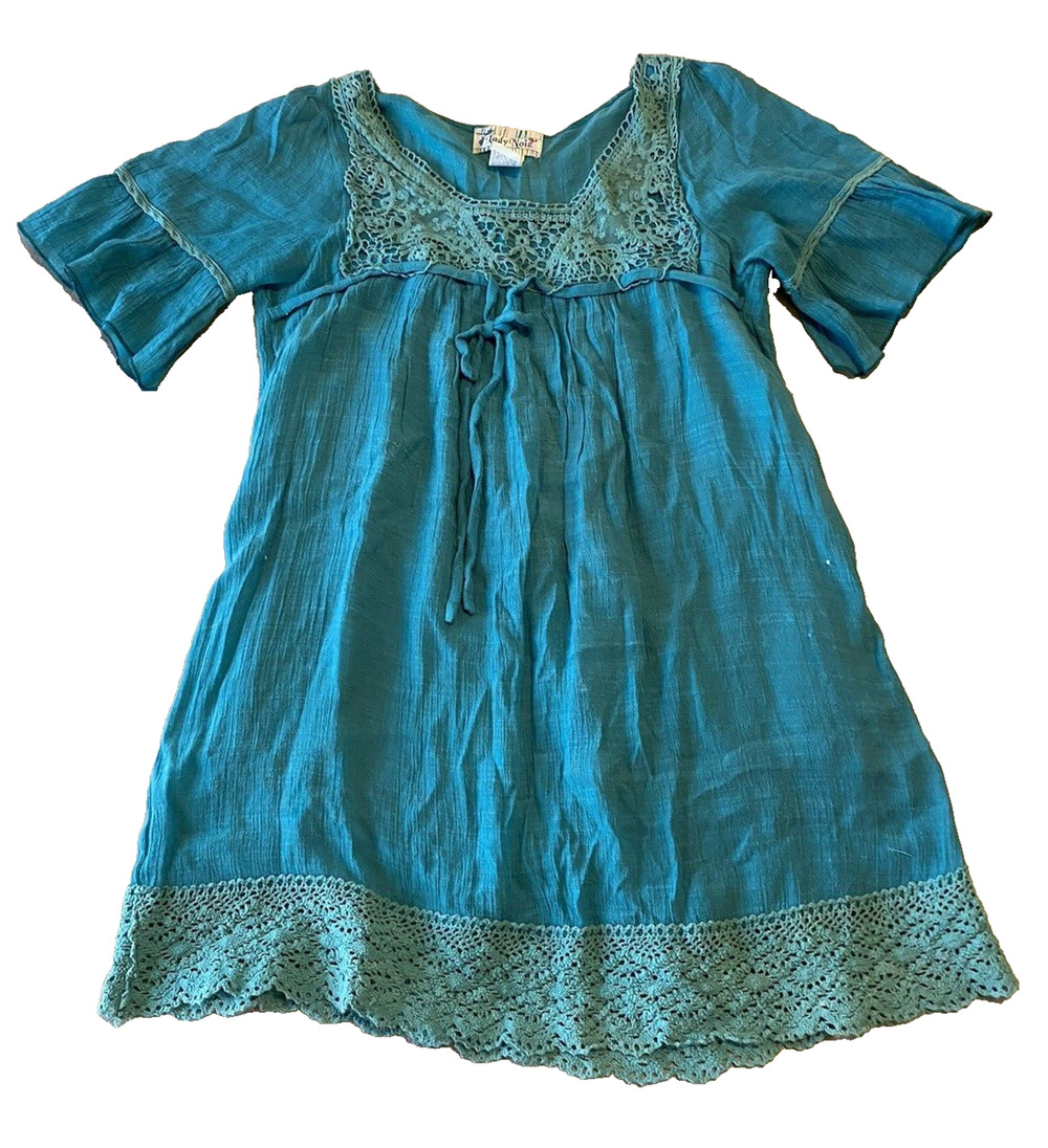 Vtg Lady Noiz Womens Blouse Size Medium Blue w Lace Trim Festival Boho Tunic Top